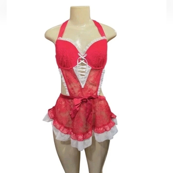 Victoria's Secret Other - Victoria’s Secret Size M Red White Lightly Lined Lace Apron Lingerie Teddy